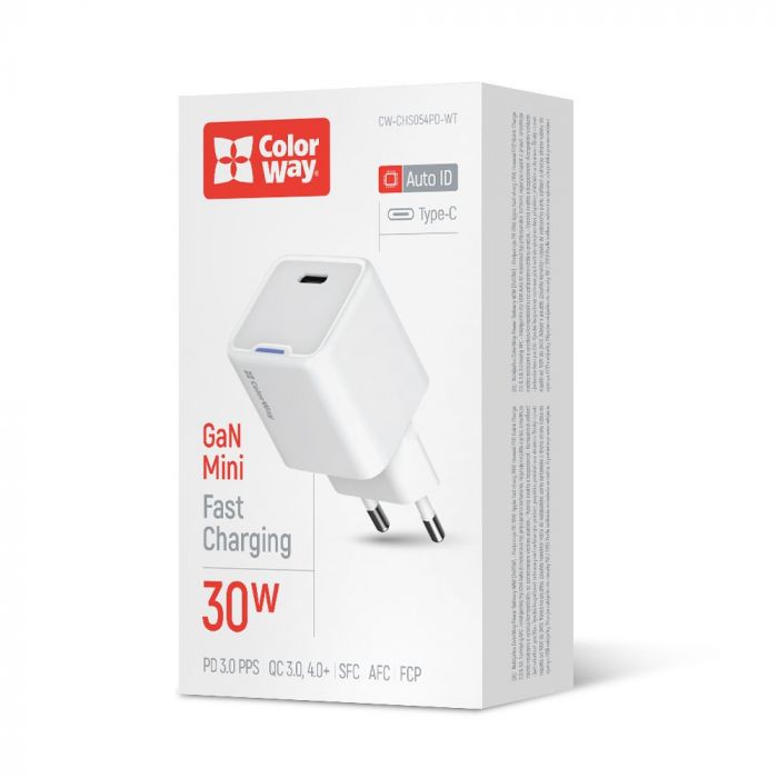 Мережевий зарядний пристрій ColorWay GaN Mini 30W PD Port PPS USB-C White (CW-CHS054PD-WT)