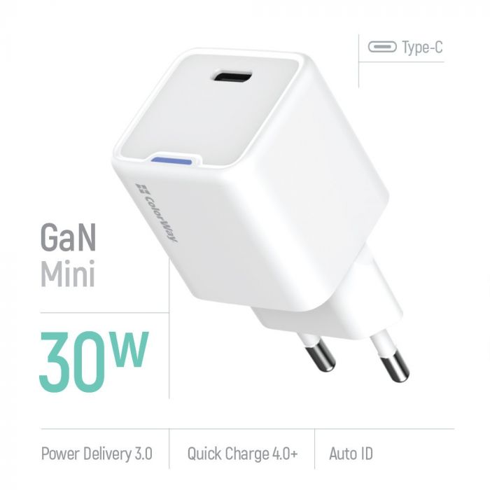 Мережевий зарядний пристрій ColorWay GaN Mini 30W PD Port PPS USB-C White (CW-CHS054PD-WT)